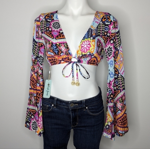 NWT Luli Fama colorful Maracuya Kisses bell sleeve crop top S - Picture 1 of 11
